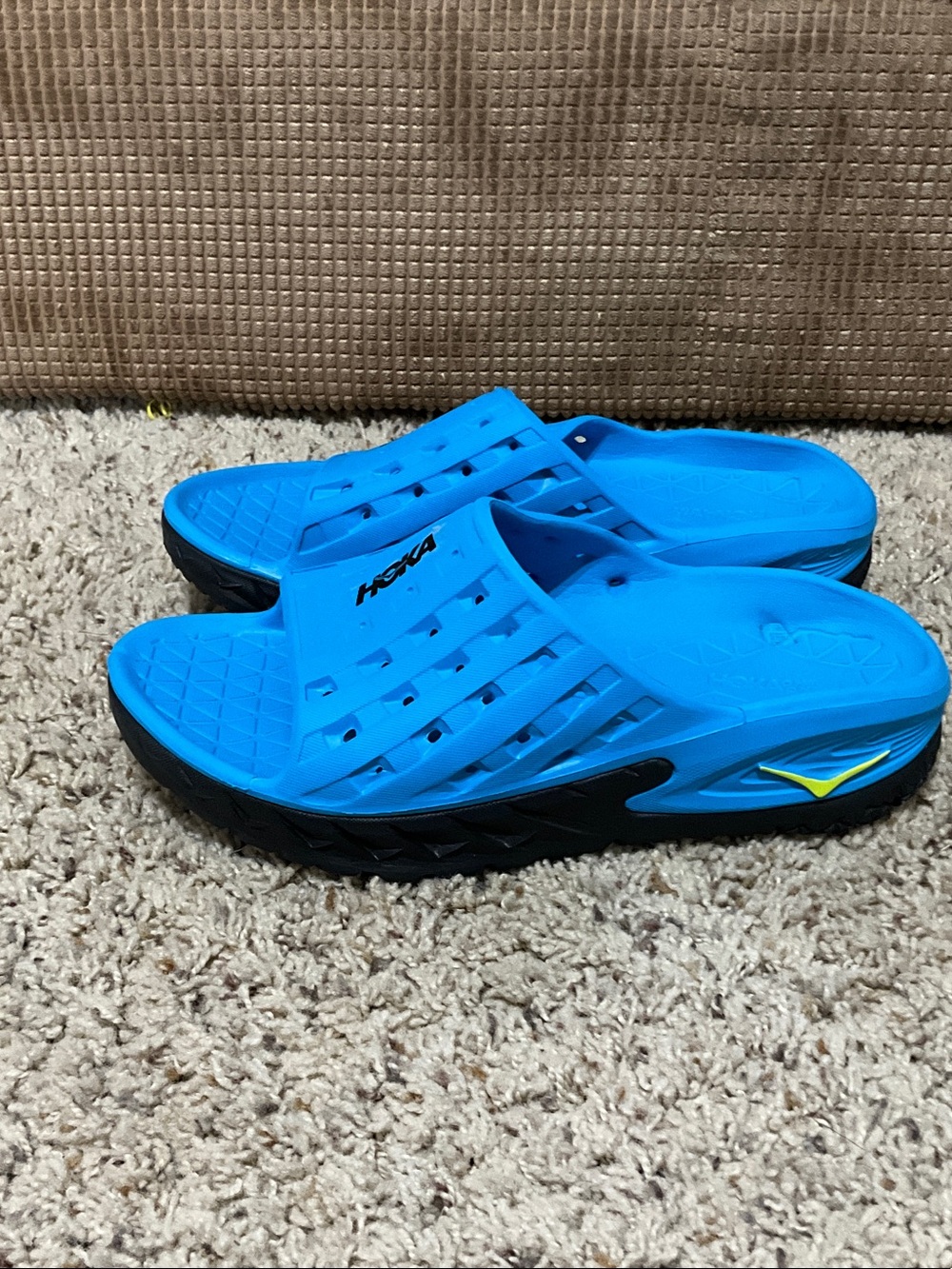 Hoka Womens Bright Blue Slip-On Slide Sandals with Black Sole